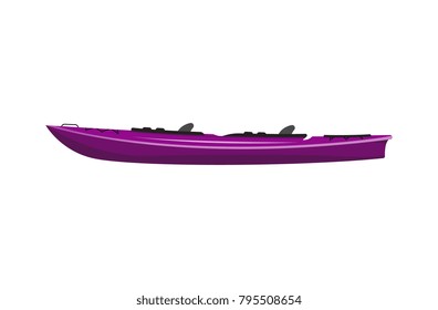 Side view purple kayak isolated icon. Rafting, kayaking, paddling and canoeing outdoor activity. Extreme water sport, relaxation on river or lake, adventure by boat vector illustration.