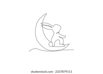 Side view of a rabbit sitting on a crescent moon. Mid-autumn one-line drawing