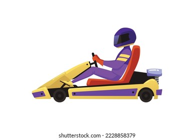 Side view of racer driving kart flat vector illustration isolated on white background. Kart racer in helmet and bright garment sits in sports racing car.