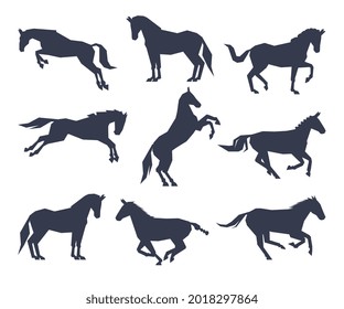 Side View of Racing Horse Silhouettes Set, Equestrian Sport, Derby Vector Illustration