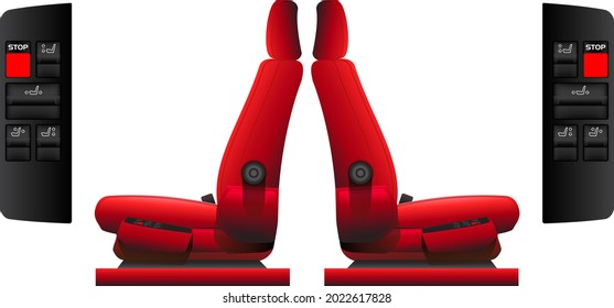 Side view realistic red car electronically adjust leather upholstery with control panel illustration vector.