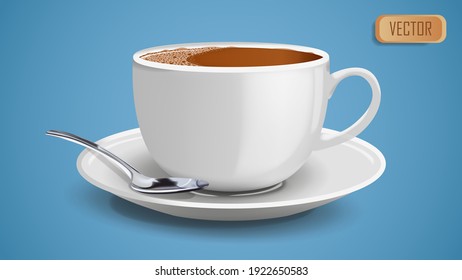 Vista lateral de una taza blanca realista rellena de espresso clásico negro con ilustración vectorial de cucharadita