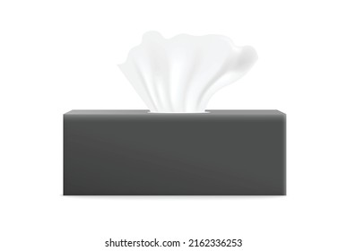 Side view of rectangular cardboard box with paper napkins inside, 3d vector illustration isolated on white background. Realistic black package mockup template. Facial tissue in container.