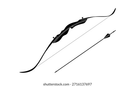 Side view recurve bow and arrow in black fill vector illustration style, isolated on white background, ideal for sports graphics, instructional visuals, and archery-themed designs.