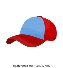 Side view of red and blue baseball cap vector illustration. Sports hat with visor for children and adults isolated on white background. Headwear, fashion, summer concept