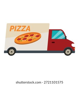 Vista lateral de un camión de reparto rojo que lleva pizza fresca y caliente a Clientes hambrientos