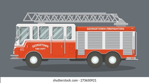 Side view of a red fire truck. Vector illustration of a fire engine.