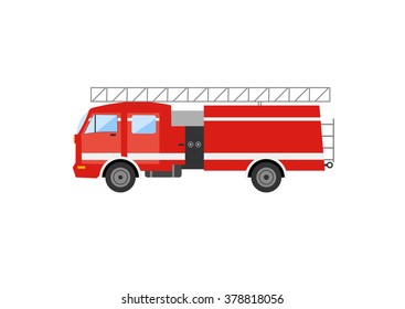 Side view of a red fire truck. Vector illustration of a fire engine.