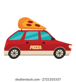 Vista lateral de un coche de reparto de pizza roja que lleva una rebanada de pizza gigante en su techo