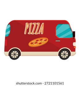 Side view of a red pizza delivery van delivering hot pizza and delicious meals