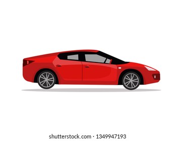 Side view of red sport car. Modern detailed car. Red sedan vehicle. Vector flat cartoon illustration isolated on white background