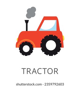 Side view of red tractor with big wheels flat vector icon. Cartoon drawing or illustration of heavy machinery for construction work or agriculture. Industry, technology concept