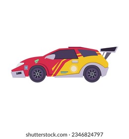 Side view of red and yellow race car on white background. Automobile for rally championship, model of high speed vehicle cartoon illustration. Racing, transport concept