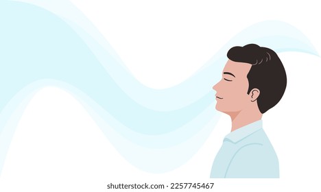 Side view of a relax man breathing fresh air on bright backgroud. flat vector illustration.