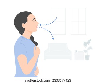 Side view of relaxed woman deep breathing exercise at home, mental health concept. Flat vector illustration.