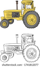 vista lateral del retrotractor amarillo ilustración del vector boceto mano del doodle dibujado aislado en fondo blanco