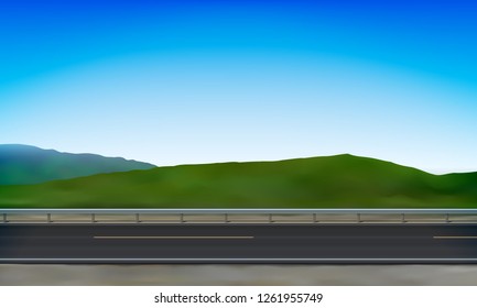 Side view of a road with a crash barrier, roadside, green meadow in the hills and clear blue sky background, vector illustration
