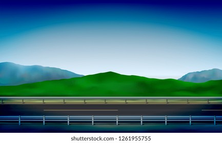 Side view of a road with a crash barrier, roadside, green meadow in the hills and clear blue sky background, vector illustration
