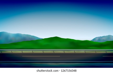 Side view of a road with a crash barrier, roadside, green meadow in the hills and clear blue sky background, vector illustration