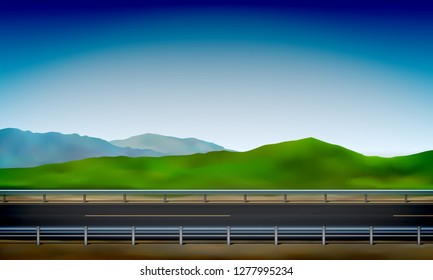 Side view of a road with a crash barrier, roadside, green meadow in the hills and clear blue sky background, vector illustration