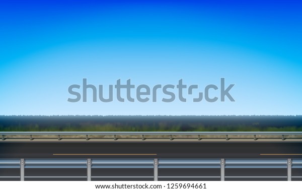 Side view\
of a road with a crash barrier, roadside green meadow and clear\
blue sky background, vector\
illustration