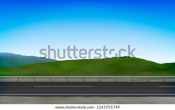 Side view of a road with a crash barrier,\
roadside, green meadow in the hills and clear blue sky background,\
vector illustration