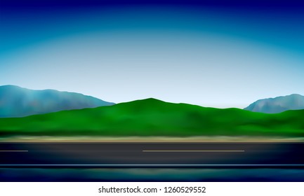 Side view of a road, roadside, green meadow in the hills and clear blue sky background, vector illustration