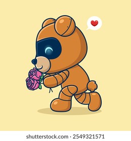 Vista lateral de um urso robótico segurando rosas cor-de-rosa com uma bolha de fala de coração em um fundo alegre, ilustração vetorial.