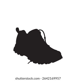 Side view of a rugged hiking shoe with laces and treaded sole for outdoor activities. simple vector icon on white background