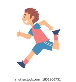 Side View of Running Boy, Kid Doing Sports, Healthy Lifestyle Concept Cartoon Style Vector Illustration