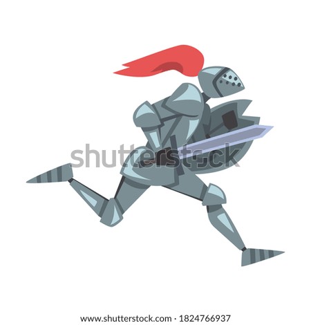 Side View of Running Medieval Knight, Chivalry Warrior Character in Full Metal Body Armor with Shield and Sword Cartoon Style Vector Illustration