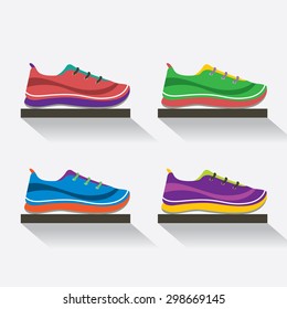 Side View Of Running Shoes On Shelf Vector Illustration