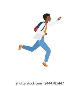 Side view of running student character. Student boy in a rash, hurry up to university flat vector illustration