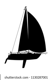 Side view of a sailing boat. Black silhouette of a yacht on a white background. Water sport. Cartoon flat vector.