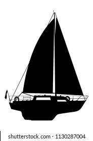 Side view of a sailing boat. Black silhouette of a yacht on a white background. Water sport. Cartoon flat vector.