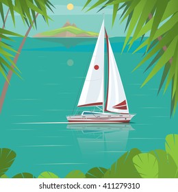 Side view of a sailing boat, which floating between the islands - Exotic holidays or Trip around the world concept. Vector illustration