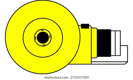 Ilustração esquemática de vista lateral de um dispositivo eletrônico com um grande disco amarelo