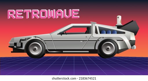 Side view of a sci-fi race car on a green retro-futuristic 80's glowing synthwave cyberpunk grid background with copy space	