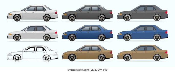 Vista lateral sedan ilustração com estilo neutro e proporções realistas, projetado para conceitos de transporte, gráficos de mobilidade urbana, apresentações e layouts digitais ou de impressão em formato vetorial.
