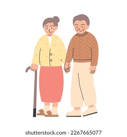 Side view of senior couple of elderly man and woman walking together happily holding hands