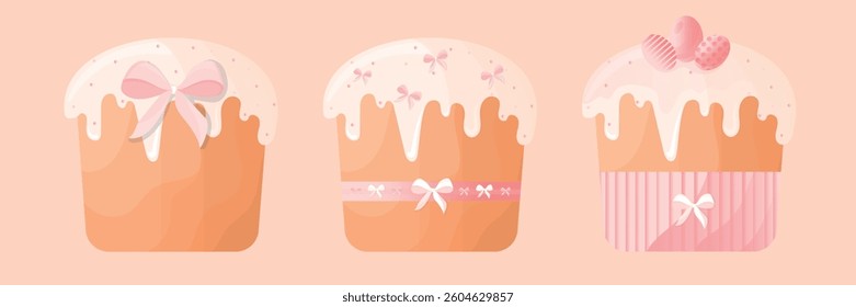 Side view set 3 colored vector illustrations of Easter cakes with whipped cream and dragee. Homemade Easter with Painted Eggs, Pink Bows and Tapes. Isolated on background. For greeting card, sticker