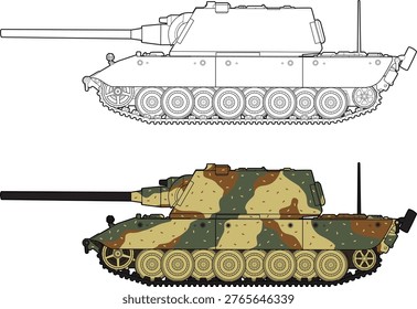 A side view set of the German E-100 super heavy tank prototype from World War 2. Features two variants arranged horizontally: left in monochrome black outline and right in full color with green and brown camouflage. Detailed flat vector illustration of this massive late-war design featuring a large turret, long-barreled 150mm cannon, and heavy armor configuration. Isolated on white background. Perfect for military history references and rare tank documentation.