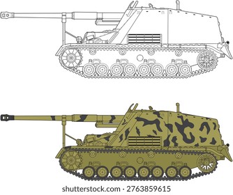A side view set of the German Nashorn tank destroyer from World War 2. Features two variants arranged vertically: top in monochrome black outline and bottom in full color with authentic late-war camouflage scheme. Detailed flat vector illustration of this open-topped tank hunter featuring the powerful long-barreled 88mm Pak 43 cannon on a modified Panzer IV chassis. Isolated on white background. Perfect for military history references and World War 2 anti-tank vehicle documentation.