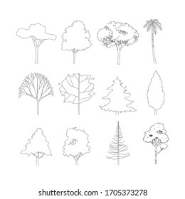 Side view, set of graphics trees elements outline symbol for architecture and landscape design drawing. Vector illustration