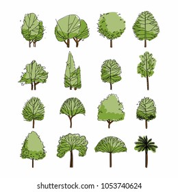 Side View, Set Of Green Graphics Trees Elements Outline Symbol For Architecture And Landscape Design Drawing. Natural Icon. Vector Illustration
