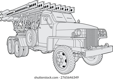 A side view set of the Soviet BM-13 Katyusha multiple rocket launcher mounted on a Studebaker US6 truck chassis from World War 2. Features two variants arranged vertically: top in monochrome black outline and bottom in full olive green color. Detailed flat vector illustration of this Lend-Lease American 6x6 truck converted into a rocket artillery system with eight launch rails. Isolated on white background. Perfect for military history references and World War 2 artillery documentation.