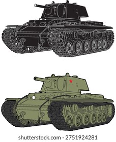 A side view set of a Soviet heavy tank from the World War 2 era. Features two variants arranged vertically: top in monochrome black outline, bottom in full green color. Detailed flat vector illustration of this iconic armored vehicle with heavy armor, boxy turret, and 76mm cannon. Isolated on white background. Perfect for military history references and historical vehicle documentation.