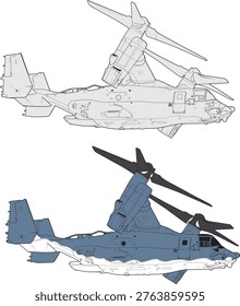 A side view set of the V-22 Osprey tiltrotor aircraft. Features two variants arranged horizontally: left in full color with grey camouflage and right in monochrome black outline. Detailed flat vector illustration of this vertical takeoff and landing aircraft featuring twin engines, rotating nacelles with three-blade proprotors, and fixed wing design. Isolated on white background. Perfect for aviation history references and modern military aircraft documentation.