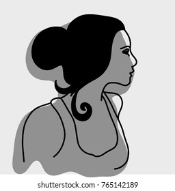side view of sexy female model with shadow vector illustration sketch hand drawn with black curved lines isolated on gray background