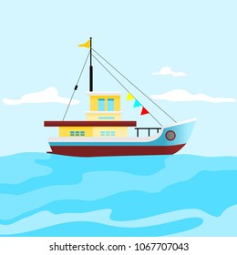 Side View Ship on Sea Vector Illustration With Cloudy Sky for Nature or Transportation Vehicle and Historical Education Related Design